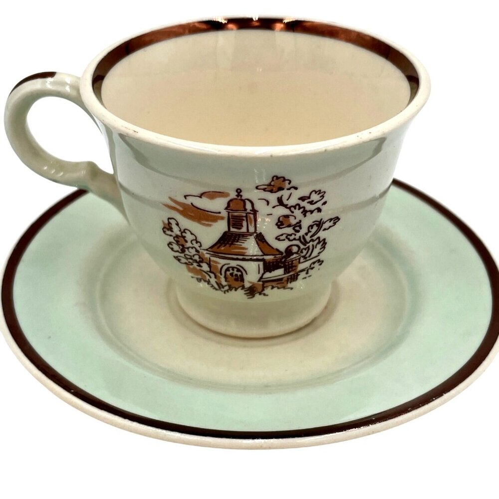 Vintage Ceramic Teacup & Saucer Set With Brown Scenic Church Design